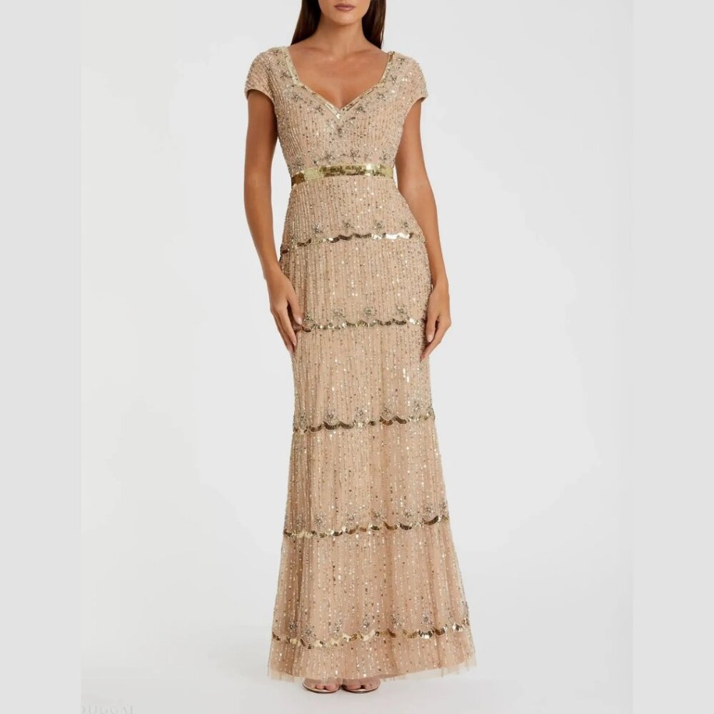 $698 Mac Duggal Size 4 Beaded Sequin Nude Beige Gold Long Column Gown Maxi Dress - Picture 4 of 6